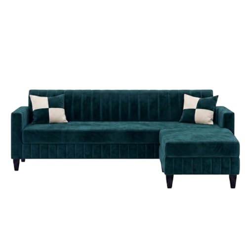 Image of FURNY Gracina 5 Seater L Shape Sofa Set with Movable Ottoman | Flexible Left or Right Layout | Plush Velvet Fabric (Greenish Teal) | Perfect for Living Room, Guest Room & Office