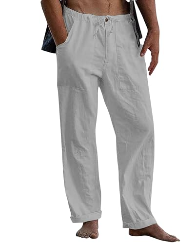 LVCBL Lässige Herren Leinen Hose Klassische Passform Hose mit Taschen Hellgrau 2XL LVCBL Lässige Herren Leinen Hose Klassische Passform Hose mit Taschen Hellgrau 2XL