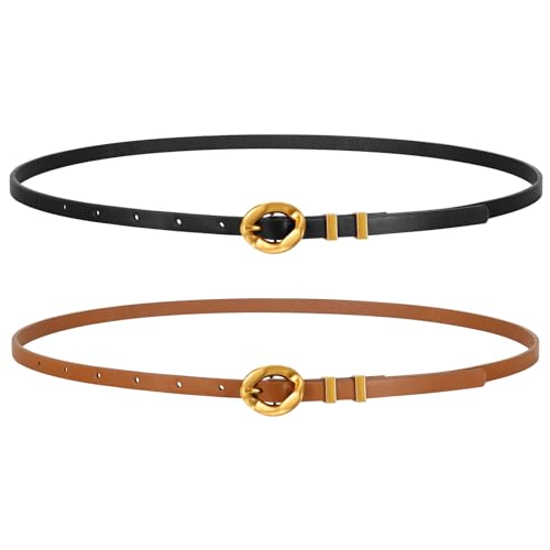 WERFORU 2 Pack Women Skinny Belts for Jeans Dress Thin Belts for Women with Gold Buckle 0.39