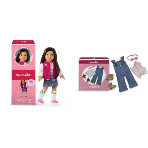 Image of American Girl Truly Me 18-inch Doll #124 with Brown Eyes, Straight Black-Brown Hair, Light-to-Medium Skin + Western Flowers Denim Jumpsuit, with Cowboy Boots, Ages 6+ Bundle