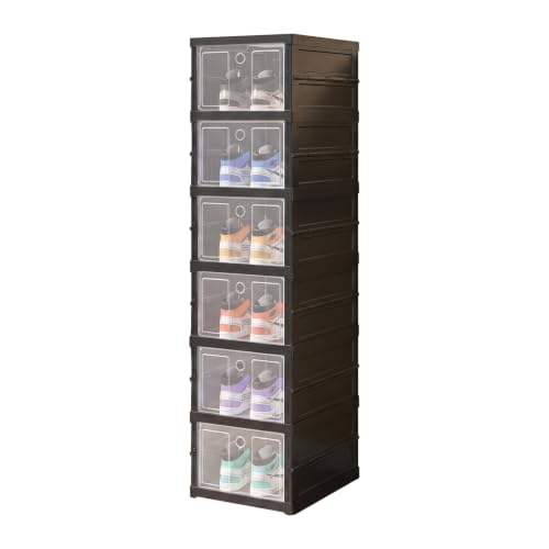 Image of House of Quirk 6-Layer Foldable & Stackable Shoe Cabinet - Transparent Plastic Shoe Boxes with Magnetic Front Door, No Installation Needed, Space-Saving Shoe Organizer (Black)