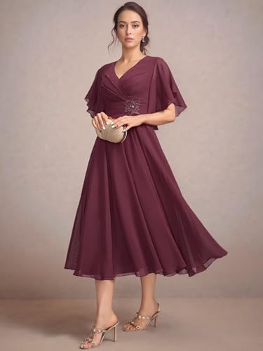 RunaCelle Flutter Sleeve Chiffon Mother of The Bride Dresses for Women Wedding Guest Dress V Neck Tea Length Formal Gown3