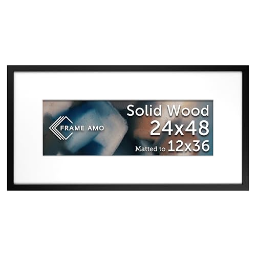 Frame Amo 24x48 Black Solid Wood Poster Frame, with 11.5x35.5 White Mat Opening for 12x36 Image, 1.25 x 1 inch Border, Clear Acrylic Front
