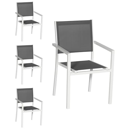 Happy Garden Lot de 4 chaises empilables en Aluminium Blanc et textilène Gris