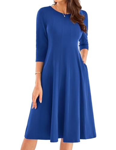 Kleid Damen A-Linie 3/4 Arm Swing Frühling Elegantes Wadenlang L Saphir-Blau -8