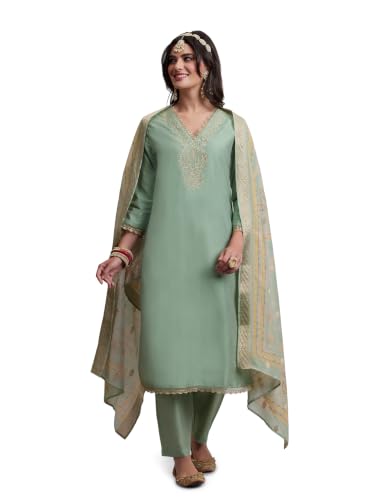 Image of Amazon Brand - Myx Women's V Neck Embroidered Kurta Set With Dupatta | Salwar Suit Set (Available In Plus Sizes)
