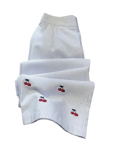 MakeMeChic Women's Summer Casual Striped Cherry Pants Elastic Waist Wide Leg Trousers with Pockets