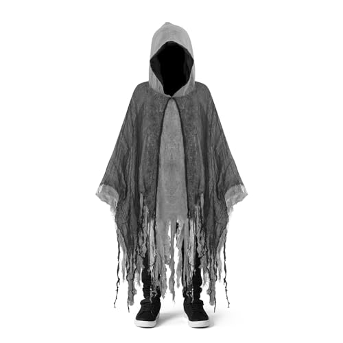 Superum 90cm Geist Umhang Kinder,Geister Halloween Umhang mit Kapuze Gruselige Gespenst Halloween Kostüm Kinder für Jungen Mädchen Sensenmann Gespenstischer Outfit Fasching Party
