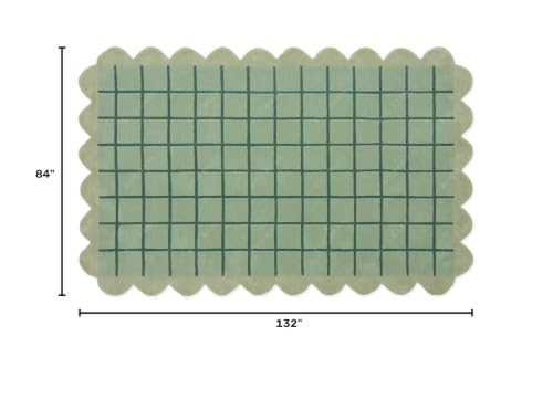 Image of Hand-Tufted 100% Wool Area Rug - 7x11 Ft, Mint Green Base with Teal Blue Windowpane Grid & Sage Scalloped Border, Soft Pile Modern Carpet for Living Room, Bedroom, Nursery & Kids Room