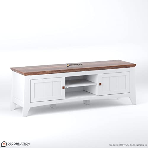 Image of DecorNation Eden Wooden TV Unit Table - Two Compartments with Door, Walnut Finish Tabletop for Living Room, Bedroom, Office Furniture Stand (60 inch x 16 inch x 18 inch, White)