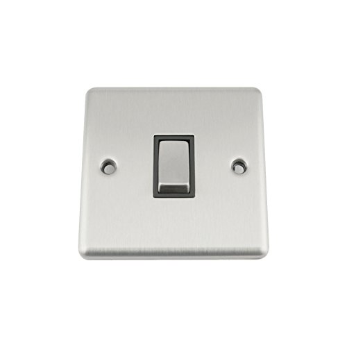 Image of A5 Wall Light Switch Single 1 Gang Satin Brushed Chrome Classic - Black Insert - Metal Rocker Switches - 10A 1 Gang 2 Way