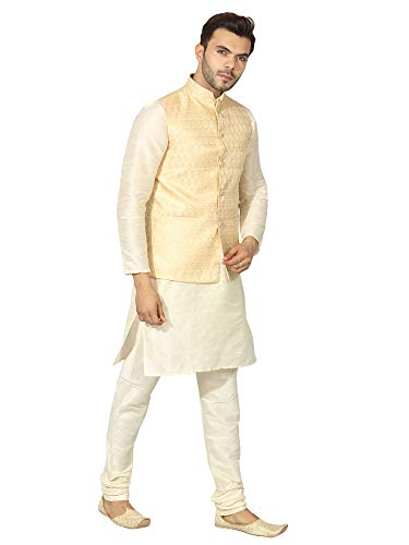 Image of Uri and MacKenzie Men's Silk Blend Regular Kurta Churidar Pyjama with Bundi Nehru Jacket /Waistcoat