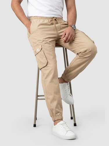 Image of Beyoung Cotton Solid Elastic with Drawstring Cargo Joggers for Men | Regular Fit | 2 Spacious Pockets | Smooth Texture