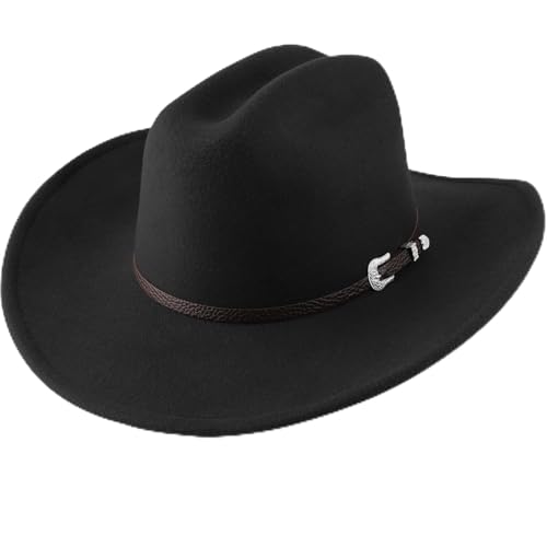 Image of DRESHOW Cowboy Hat for Women and Men Classic Felt Western Hat for Cowboys Cowgirls Wide Brim Belt Buckle Retro Fedora Hats