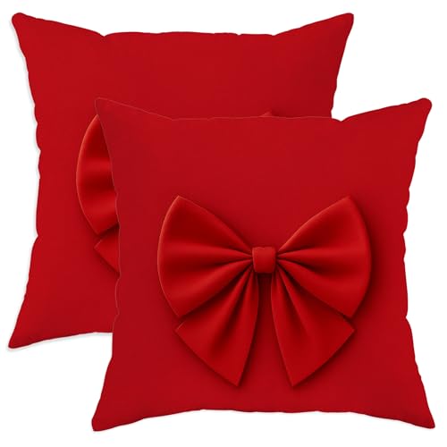 Bow Throw Pillow Covers Set of 2, Festive Elegant Red