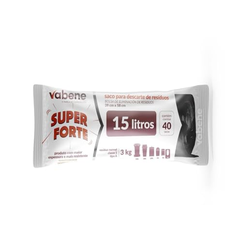 Saco Para Descarte De Resíduos Super Forte Preto 15L - 40 unidades, Vabene