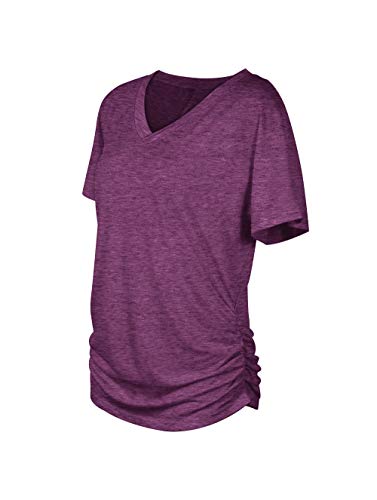Image of WIHOLL Womens Summer T-Shirts Short Sleeve V Neck Dolman Tops with Side Shirring Loose Fit Shirts Spring Fashion