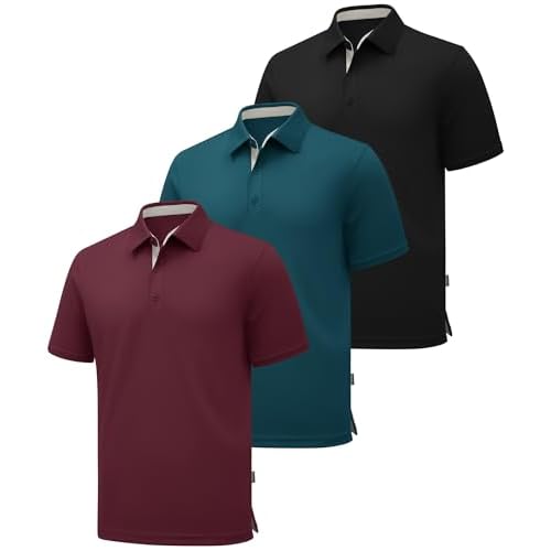 ZITY 3 Pack Polo Shirts for Men Short Sleeve Moisture Wicking T Shirt Business Casual Mens Golf Shirts Collared T-Shirts Black Red Teal Large