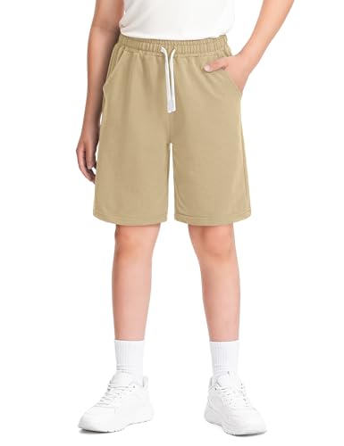 BOOPH Boys Cotton Shorts Kids Athletic Casual Drawstring Shorts with Pockets Khaki 11-12 Years