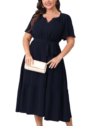 Image of Womens Plus Size Wedding Guest Dresses Summer V Neck Short Sleeve Belted Ruffle Hem A-Line Flowy Midi Dress