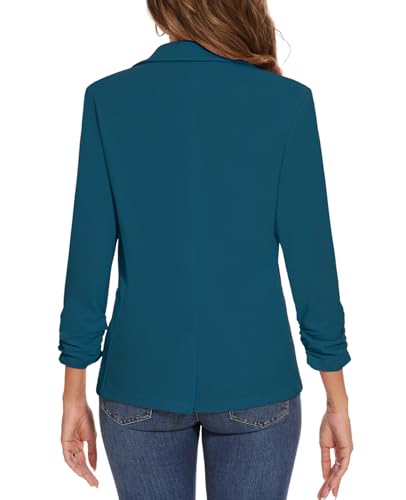 Women's Casual Single Button Front Blazer Ruched 3/4 Sleeve Notched Lapel Office Lightweight Blazers with Pockets2