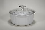 Corning Ware F-5-B FRENCH WHITE pattern 8” inch ROUND SOUFFLE DISH 1.6 LITRE / 1.5 QUART smooth bottom ALL WHITE BAKING CASSEROLE