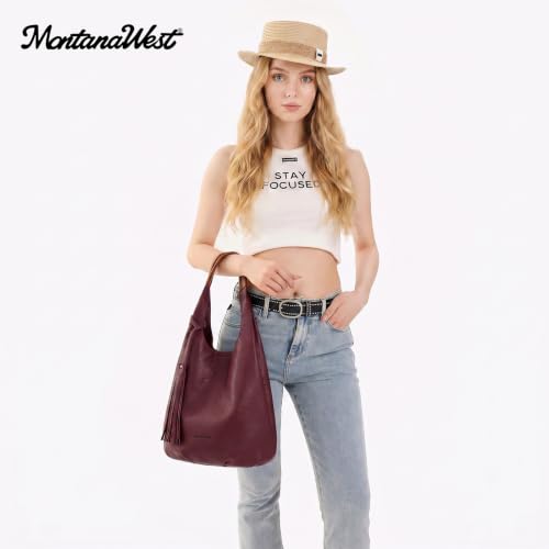 Image of Montana West Hobo Bags for Women Slouchy Handbags 2PCS Tassels Shoulder Bag with Comestic Bag