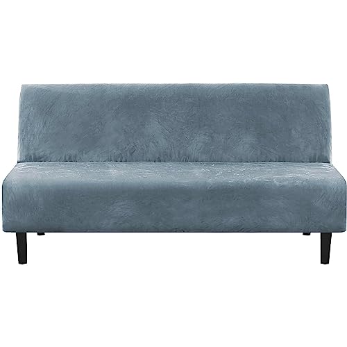 H.Versailtex PART-HVYHFUTON-STONEBLUE Real Velvet Futon Cover Armless Sofa Covers Sofa Bed Covers Stretch Futon Couch Cover Sofa Slipcover Furniture Protector Thick Soft Velvet Fabric Form Fitted Stay In Place cover