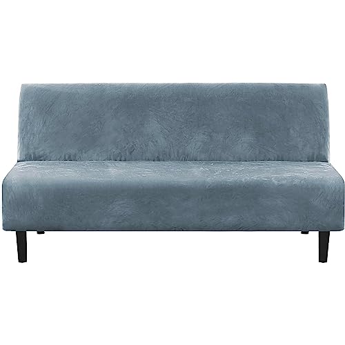 H.VERSAILTEX Real Velvet Futon Cover Armless Sofa Covers Sofa Bed Covers Stretch Futon Couch Cover Sofa Slipcover Furniture Protector Thick Soft Velvet Fabric Form Fitted Stay in Place, Stone Blue