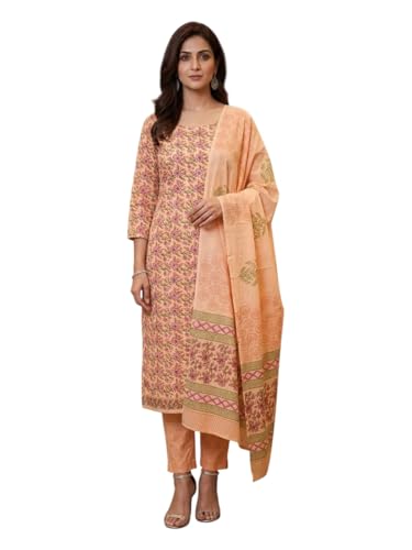Image of Eddika women unstitched hand block printed cotton suit set with mulmul dupatta ehbpcswmd0120P