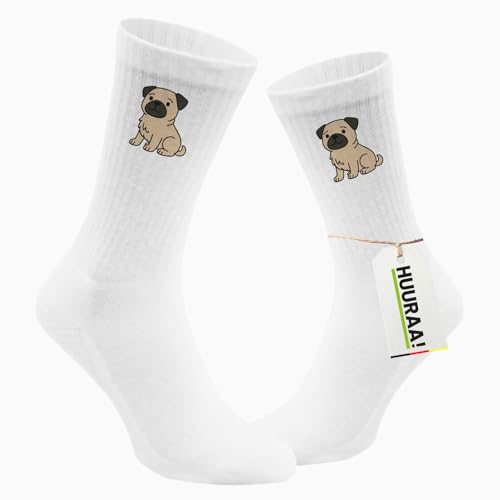 Huuraa Unisex Socken Mops Pug Comic 42/46 White Baumwolle Tennissocken Geschenkidee