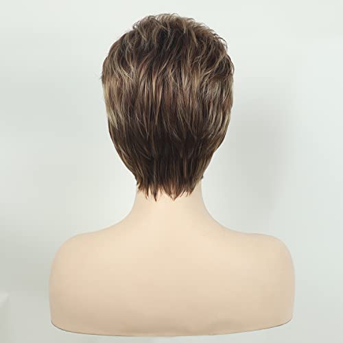 Tishining Short Brown Pixie Cut Wigs For Women With Bangs Dark Brown Mixed Blonde Wavy Layered Short Boy Cut Wig Natural Looking Synthetic Hair Replacement Wigs For Daily Party #TOP6