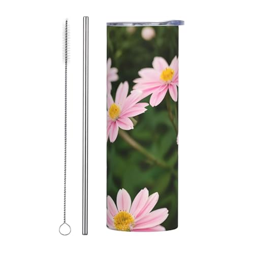 Juego de dos tazas de acero inoxidable con tapa, botella de agua aislada con estampado de flores de oro rosa y blanco, fácil de transportar para cafetería, oficina, coche, deportes