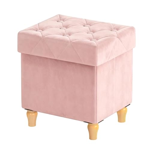 Image of CAROLMADE Folding Storage Ottoman Cube Velvet Footstool with Wood Legs Ottoman Footrest for Living Room and Bedroom Pink, 15 inchx12.6 inchx15.4 inch