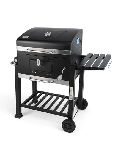 JARDIN202 - Barbacoa de Carbón Alabama Grande con Ruedas, Termómetro y Altura Ajustable | Parrilla Grill de Carbón con Carrito y Tapa | (Negro)