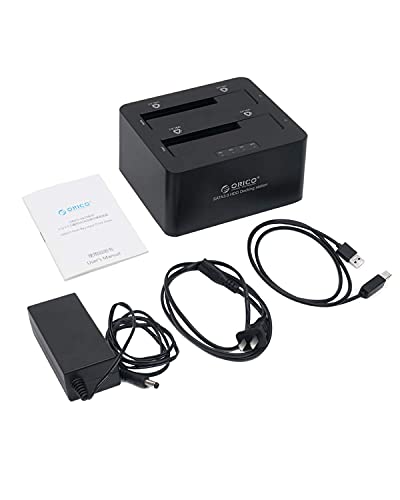 ORICO Base de conexión USB 3.0 a SATA de Doble bahía para Discos Duros SATA de 2,5" y 3,5" y SSD con Fuente de alimentación de 12V 3A y función de clon Offline, ( 2X 12TB y sin Herramientas)