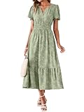 Simplee Womens Summer Boho Maxi Dress Spring Wedding Guest Floral V Neck Empire Waist Tiered Long Flowy Dresses Sage Green M