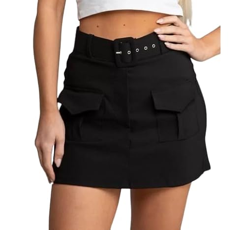 Pure Fashion UK® Women's Cargo Pocket Viral Skirt Ladies Summer Casual Belted Bukle Elastic Waist Mini Skort (Black, M)
