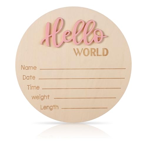 Image of Baby Announcement Sign, 5.9in Wooden Hello World Newborn Signs Birth Announcement Sign Welcome Name Plaques for Newborn Boys and Girls Photo Props Baby Shower Hospital Nursery (Light Pink)