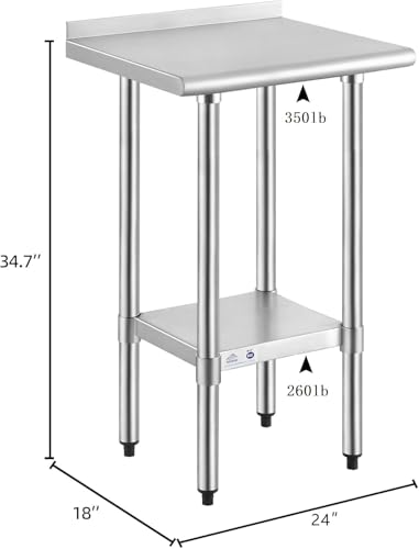 Image of ROCKPOINT Stainless Steel Table for Prep & Work with Backsplash 18x24 Inches, NSF Metal Commercial Kitchen Heavy Duty Table with Adjustable Under Shelf and Table Foot for Restaurant, Home and Hotel