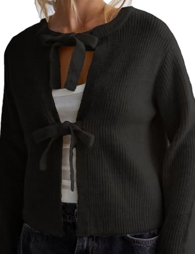 Image of Womens Cropped Ribbed Knit Cardigan Long Sleeve Bow Tie Front Open Front Knitwear Tops