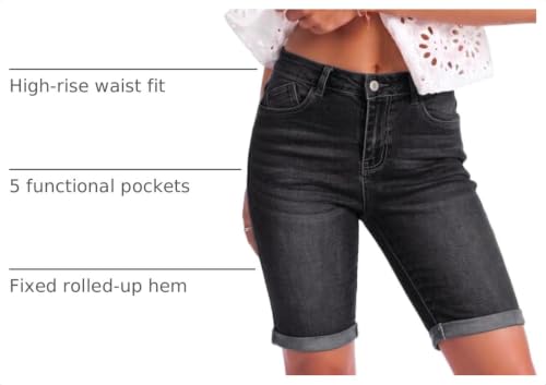 Image of luvamia Bermuda Jean Shorts Women High Rise Stretchy Cuffed Hem Denim Jorts