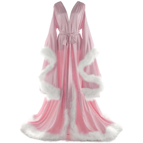 Daily Life Mall Women's Feather Bridal Robes Old Hollywood Maternity Photoshoot Nightgown Silk Bathrobe Long Lingerie
