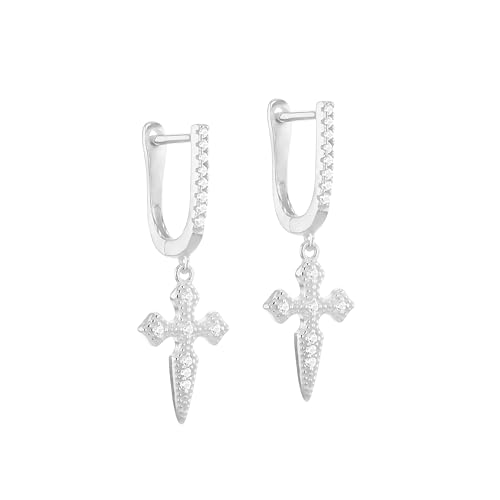 Boucles d'oreilles huggy croix argent anti-allergie avec oxydes de zirconium brillants