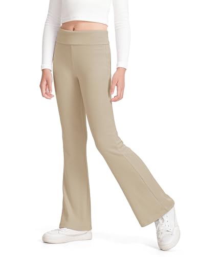 BOOPH Girls Leggings Kids Flare Leggings Fold Over Waistband Casual Bell Bottom Pants for Teens Khaki 9-10 Y