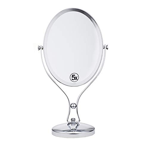 Large Two-Sided Swivel Vanity Mirror with 5X Magnification, Free-Standing Pedestal