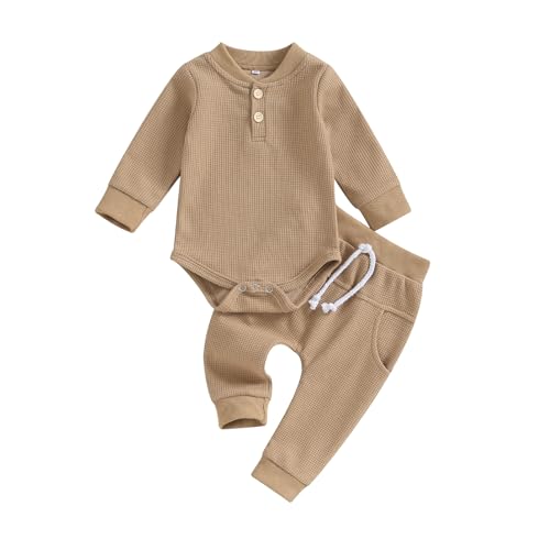 Image of Kuriozud Newborn Baby Boy Clothes Button Long Sleeve Romper Bodysuit Pants Set Infant Soft Waffle Fall Winter Outfit