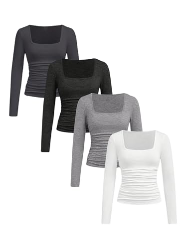 COZYEASE Girl's 4 Pack T Shirt Set Ruched Square Neck Tee Long Sleeve Slim Fit Casual Basic Tops