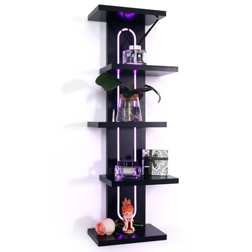 Homaterial RGB Wall Shelves for Gaming Room & Display, 5-Tier Unique Staggered Floating Shelves with Lights & Remote, Vertical MDF Shelf for Collectibles, Room Decor, Black