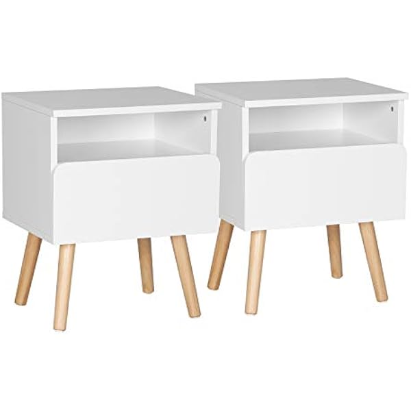 WOLTU® TSR58ws-2 stolik nocny, z szufladą i otwartą półką, z nogami, drewno, biały, 40 x 33,5 x 50 cm (szer. x gł. x wys.), 2 szt